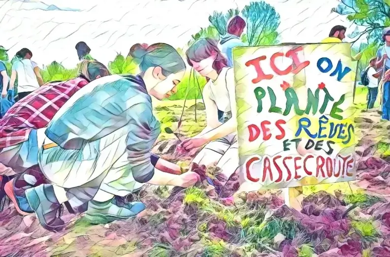 Sur la ZAD de l'A69 (d'après photo lessoulevementsdelaterre.org) Sur la ZAD de l'A69, "ici on plante des rêves et des casse-croûtes