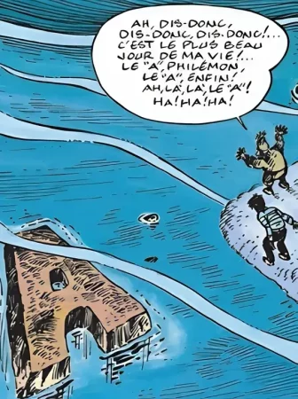 Extrait de la BD Philémon Les personnages de la BD aperçoivent la lettre A dans l'océan