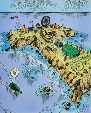 Extrait de la BD Philémon Les personnages de la BD approchent de la lettre T dans l'océan