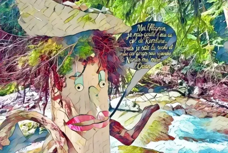 Moi, l'Alagnon, je nais goutte d'eau au col de Rombière, puis je scie la roche et creuse ces gorges… Sculpture dans les gorges de l'Alagnon avec un panneau disant : moi, l'Alagnon, je nais goutte d'eau au col de Rombière, puis je scie la roche et creuse ces gorges