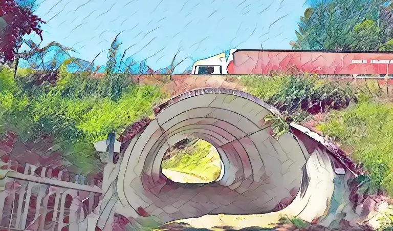 Le sentier passe sous la RN122. Le sentier passe sous la RN122, dans un tunnel de béton, avec un camion circulant au-dessus